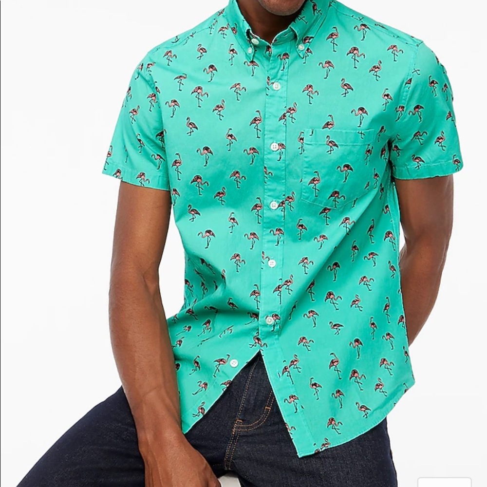 NWT J. Crew Printed short-sleeve slim flex casual shirt-  Sunfaded Aqua - size M